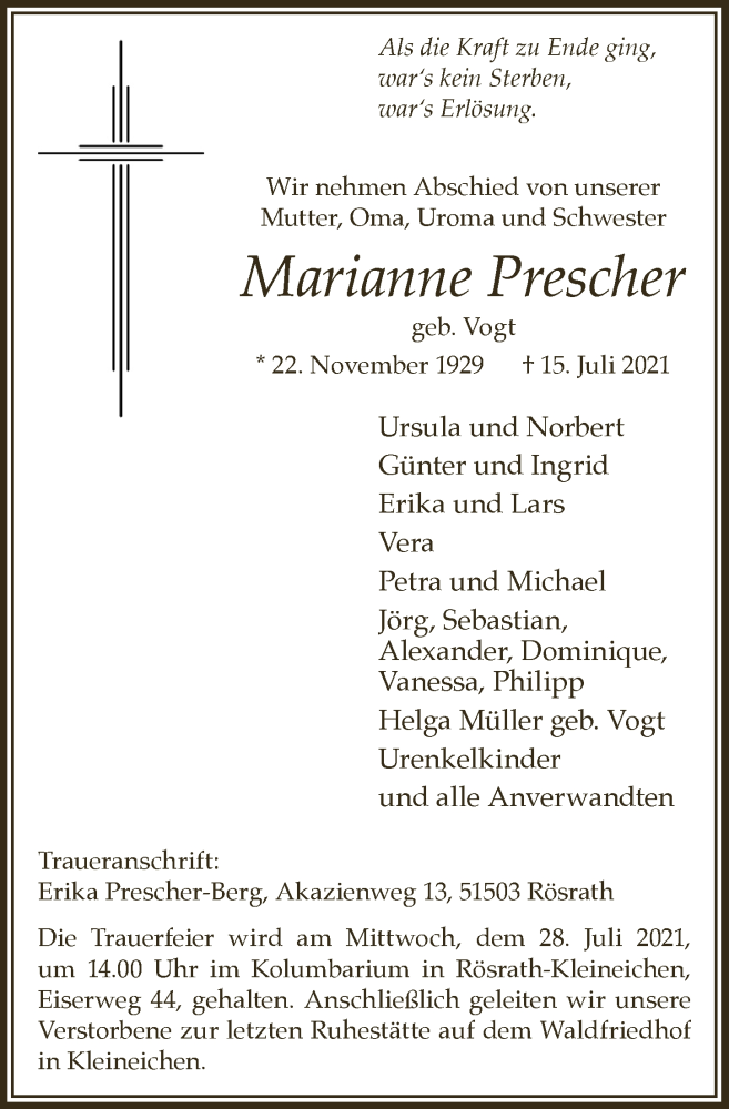  Traueranzeige für Marianne Prescher vom 23.07.2021 aus  Bergisches Handelsblatt 