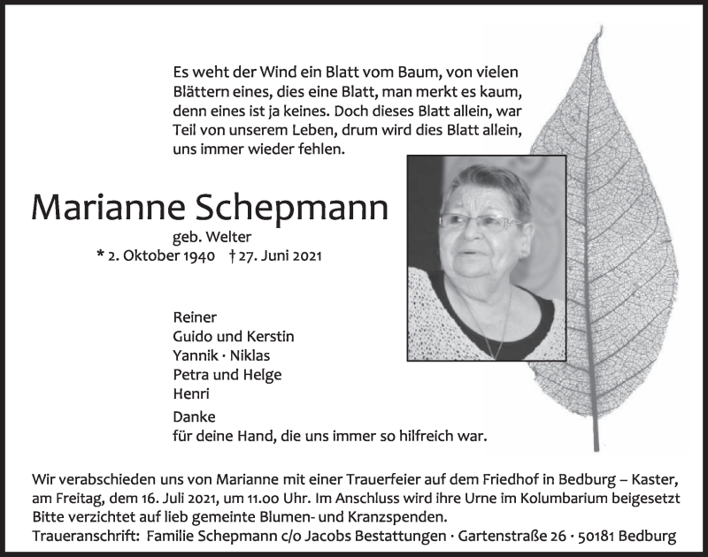  Traueranzeige für Marianne Schepmann vom 09.07.2021 aus  Werbepost 