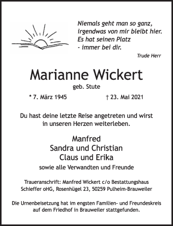 Anzeige von Marianne Wickert von  Wochenende 