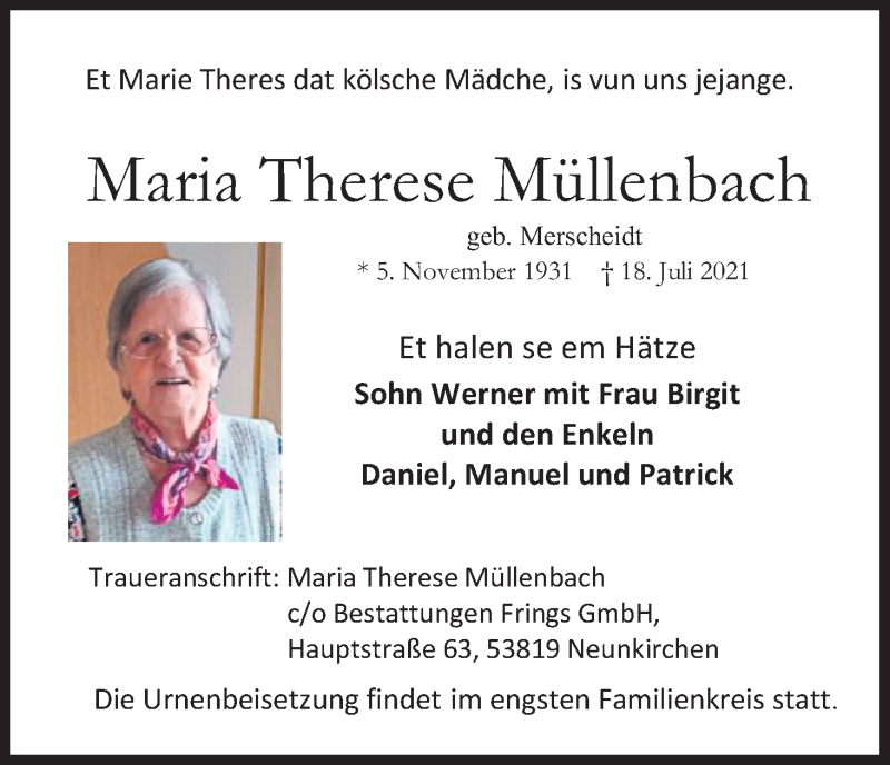  Traueranzeige für Maria Therese Müllenbach vom 31.07.2021 aus Kölner Stadt-Anzeiger / Kölnische Rundschau / Express