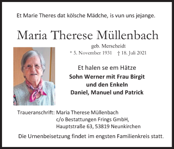 Anzeige von Maria Therese Müllenbach von Kölner Stadt-Anzeiger / Kölnische Rundschau / Express