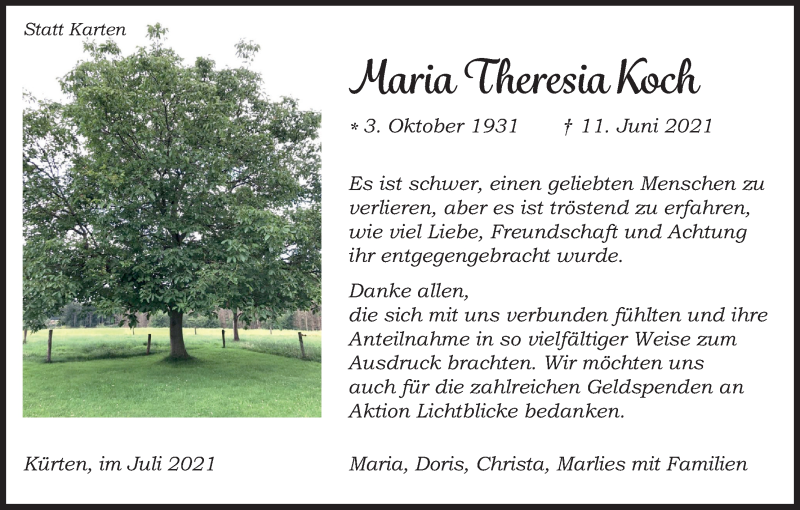  Traueranzeige für Maria Theresia Koch vom 24.07.2021 aus Kölner Stadt-Anzeiger / Kölnische Rundschau / Express