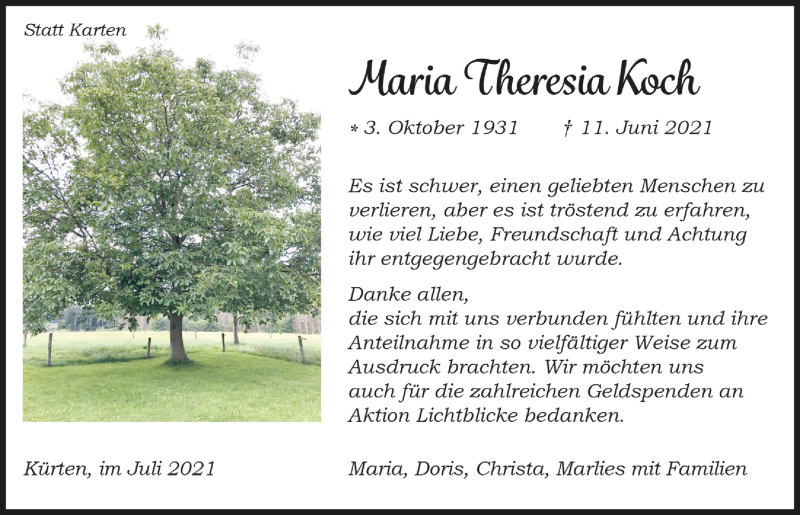  Traueranzeige für Maria Theresia Koch vom 23.07.2021 aus  Bergisches Handelsblatt 