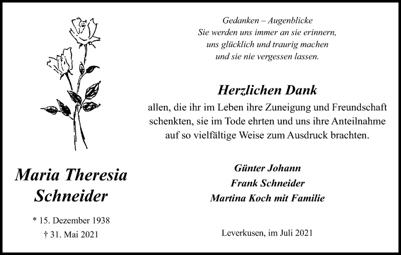  Traueranzeige für Maria Theresia Schneider vom 17.07.2021 aus Kölner Stadt-Anzeiger / Kölnische Rundschau / Express