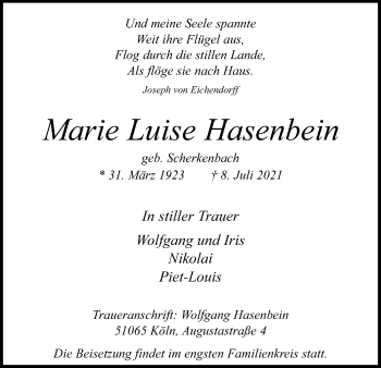 Anzeige von Marie Luise Hasenbein von Kölner Stadt-Anzeiger / Kölnische Rundschau / Express