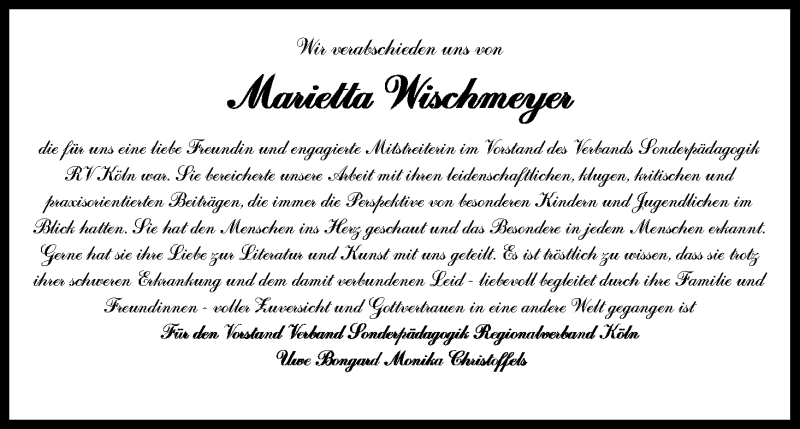  Traueranzeige für Marietta Wischmeyer vom 28.07.2021 aus Kölner Stadt-Anzeiger / Kölnische Rundschau / Express