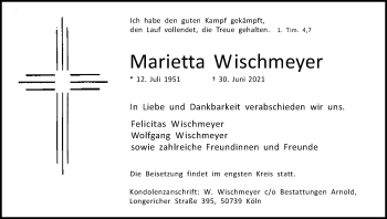 Anzeige von Marietta Wischmeyer von Kölner Stadt-Anzeiger / Kölnische Rundschau / Express