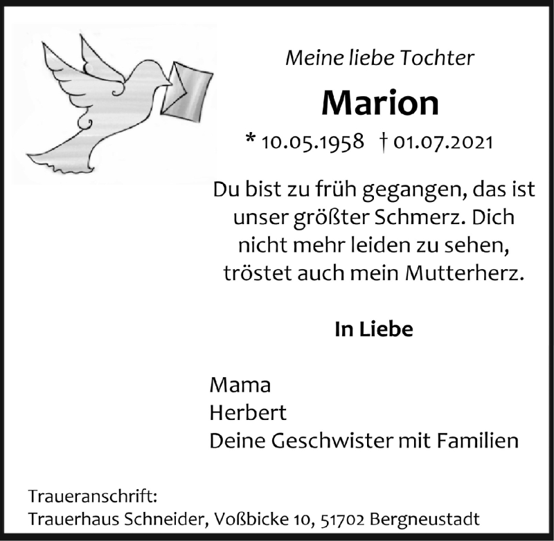  Traueranzeige für Marion  vom 09.07.2021 aus  Anzeigen Echo 