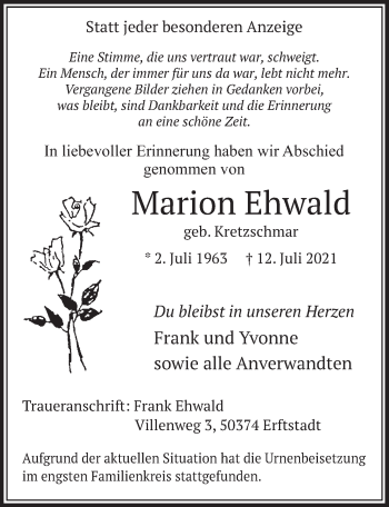 Anzeige von Marion Ehwald von  Wochenende 