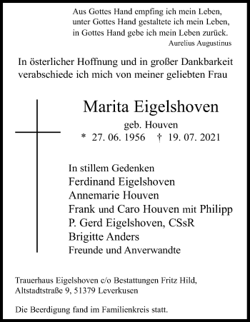 Anzeige von Marita Eigelshoven von Kölner Stadt-Anzeiger / Kölnische Rundschau / Express