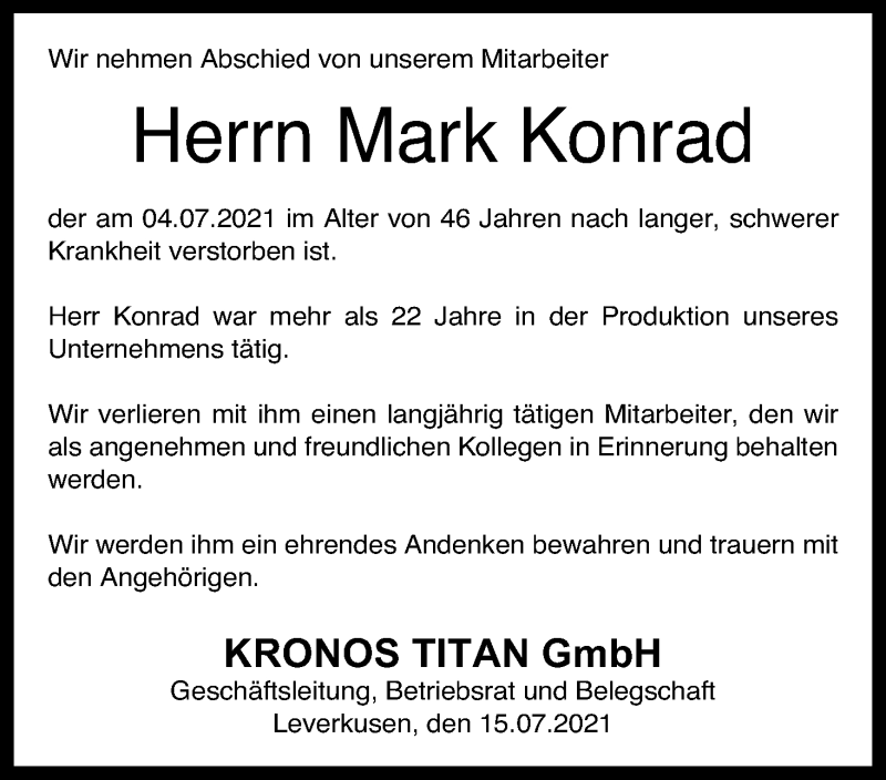  Traueranzeige für Mark Konrad vom 15.07.2021 aus Kölner Stadt-Anzeiger / Kölnische Rundschau / Express