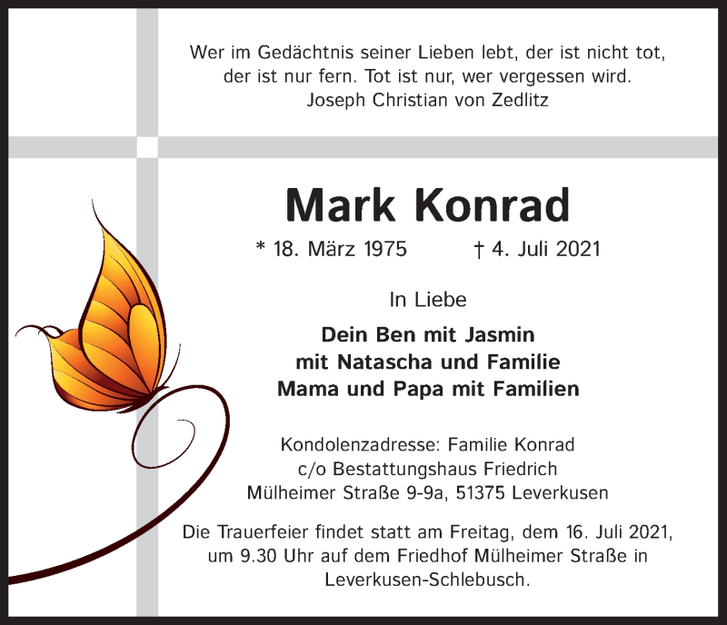  Traueranzeige für Mark Konrad vom 10.07.2021 aus Kölner Stadt-Anzeiger / Kölnische Rundschau / Express