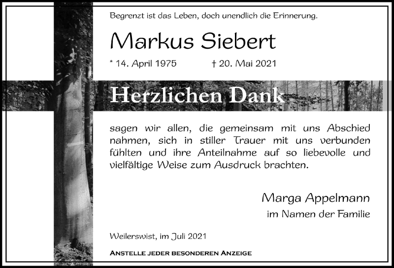  Traueranzeige für Markus Siebert vom 17.07.2021 aus  Blickpunkt Euskirchen 