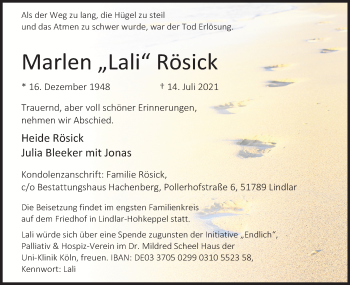 Anzeige von Marlen Rösick von Kölner Stadt-Anzeiger / Kölnische Rundschau / Express
