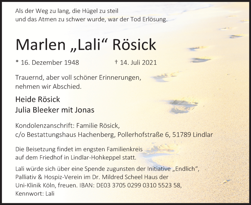  Traueranzeige für Marlen Rösick vom 24.07.2021 aus Kölner Stadt-Anzeiger / Kölnische Rundschau / Express