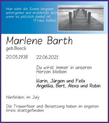 Anzeige von Marlene Barth von Kölner Stadt-Anzeiger / Kölnische Rundschau / Express