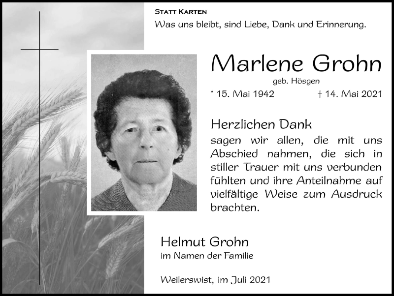  Traueranzeige für Marlene Grohn vom 03.07.2021 aus  Blickpunkt Euskirchen 