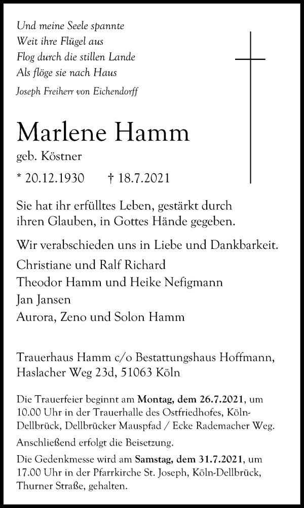  Traueranzeige für Marlene Hamm vom 21.07.2021 aus Kölner Stadt-Anzeiger / Kölnische Rundschau / Express
