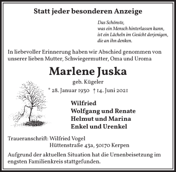 Anzeige von Marlene Juska von  Wochenende 