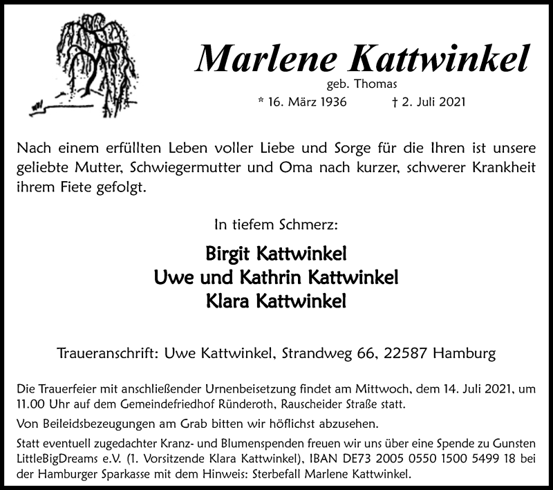  Traueranzeige für Marlene Kattwinkel vom 09.07.2021 aus Kölner Stadt-Anzeiger / Kölnische Rundschau / Express