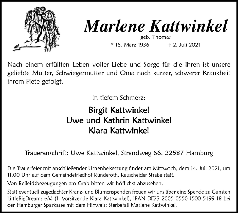  Traueranzeige für Marlene Kattwinkel vom 09.07.2021 aus  Anzeigen Echo 