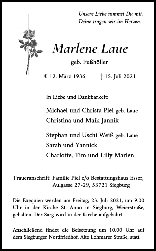  Traueranzeige für Marlene Laue vom 21.07.2021 aus Kölner Stadt-Anzeiger / Kölnische Rundschau / Express