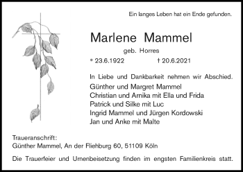 Anzeige von Marlene Mammel von Kölner Stadt-Anzeiger / Kölnische Rundschau / Express