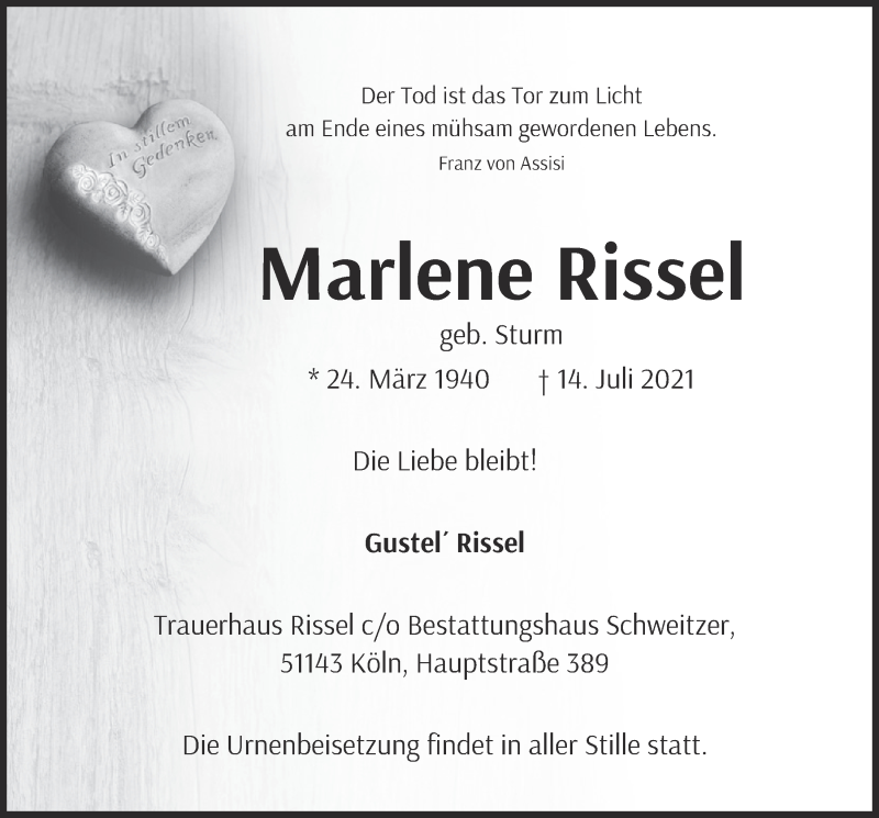  Traueranzeige für Marlene Rissel vom 23.07.2021 aus  Kölner Wochenspiegel 