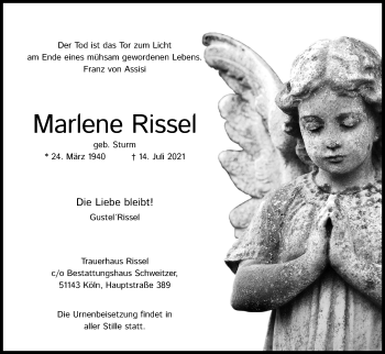 Anzeige von Marlene Rissel von Kölner Stadt-Anzeiger / Kölnische Rundschau / Express
