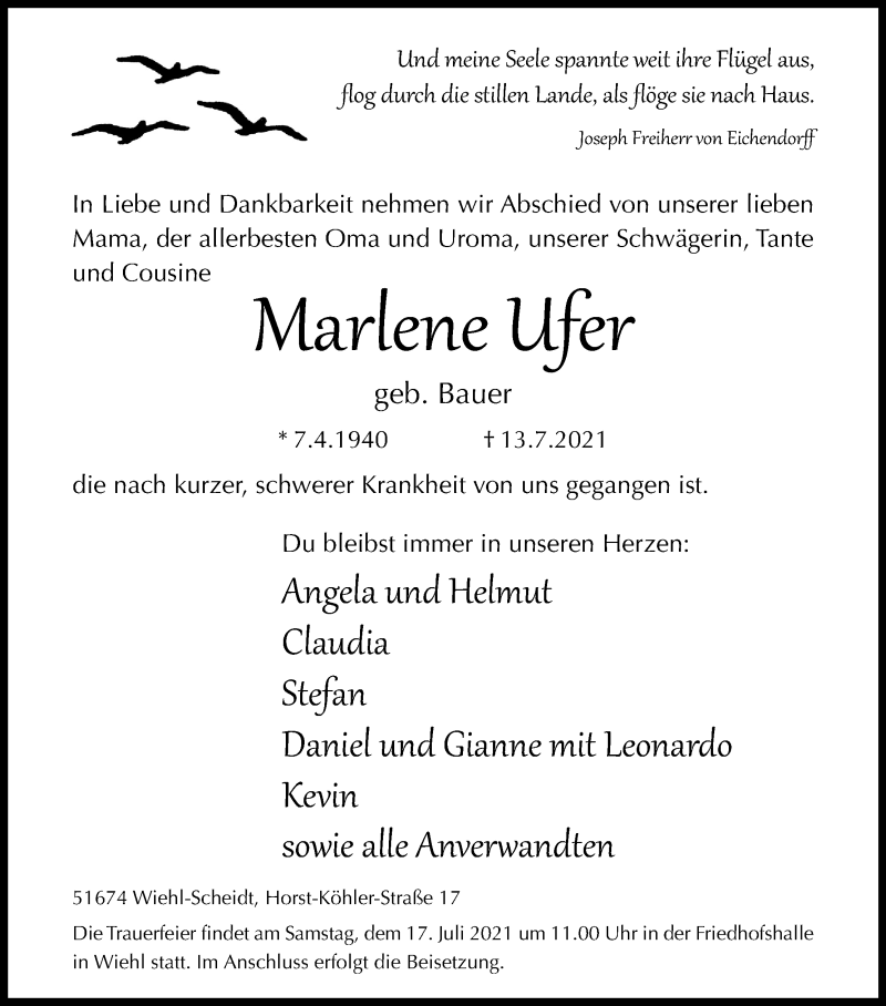  Traueranzeige für Marlene Ufer vom 15.07.2021 aus Kölner Stadt-Anzeiger / Kölnische Rundschau / Express