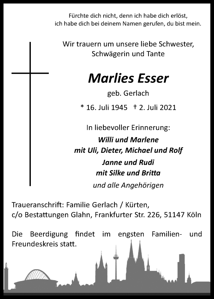  Traueranzeige für Marlies Esser vom 10.07.2021 aus Kölner Stadt-Anzeiger / Kölnische Rundschau / Express