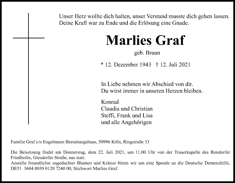 Traueranzeige für Marlies Graf vom 17.07.2021 aus Kölner Stadt-Anzeiger / Kölnische Rundschau / Express