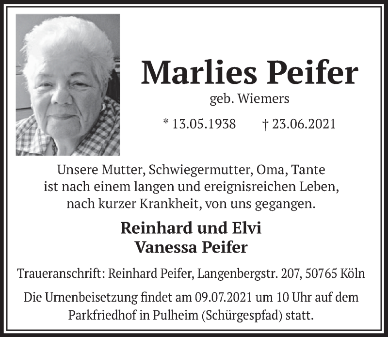  Traueranzeige für Marlies Peifer vom 02.07.2021 aus  Wochenende 