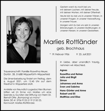 Anzeige von Marlies Rottländer von Kölner Stadt-Anzeiger / Kölnische Rundschau / Express