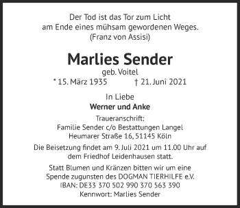 Anzeige von Marlies Sender von  Kölner Wochenspiegel 