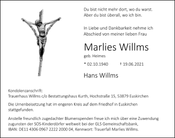 Anzeige von Marlies Willms von  Blickpunkt Euskirchen 