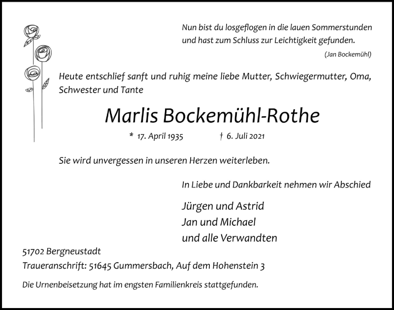 Traueranzeige für Marlis Bockemühl-Rothe vom 30.07.2021 aus  Anzeigen Echo 