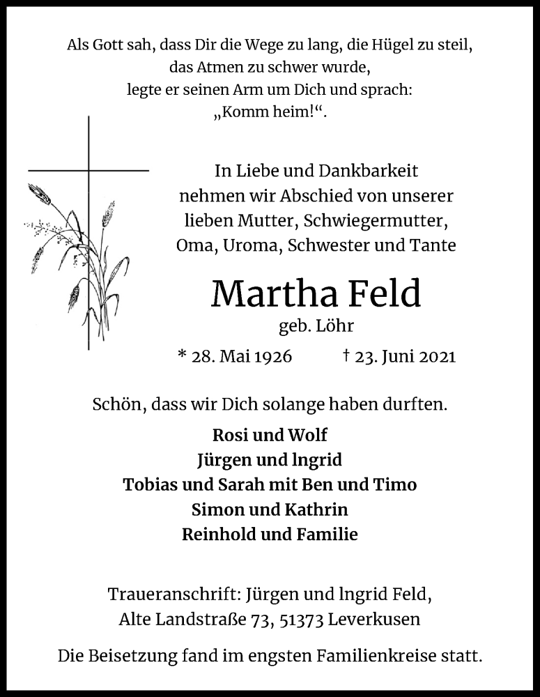  Traueranzeige für Martha Feld vom 17.07.2021 aus Kölner Stadt-Anzeiger / Kölnische Rundschau / Express