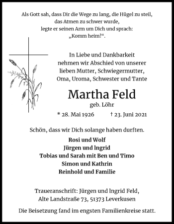 Anzeige von Martha Feld von Kölner Stadt-Anzeiger / Kölnische Rundschau / Express