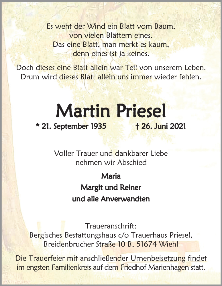  Traueranzeige für Martin Priesel vom 03.07.2021 aus Kölner Stadt-Anzeiger / Kölnische Rundschau / Express