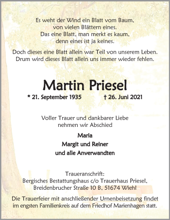 Anzeige von Martin Priesel von Kölner Stadt-Anzeiger / Kölnische Rundschau / Express