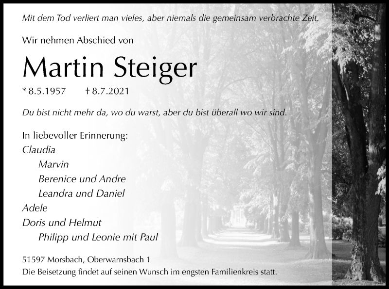  Traueranzeige für Martin Steiger vom 14.07.2021 aus Kölner Stadt-Anzeiger / Kölnische Rundschau / Express
