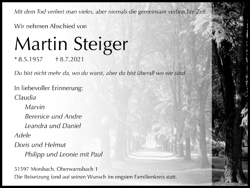  Traueranzeige für Martin Steiger vom 23.07.2021 aus  Lokalanzeiger 