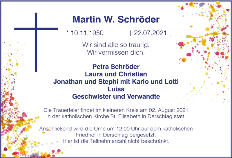  Traueranzeige für Martin W. Schröder vom 30.07.2021 aus  Anzeigen Echo 