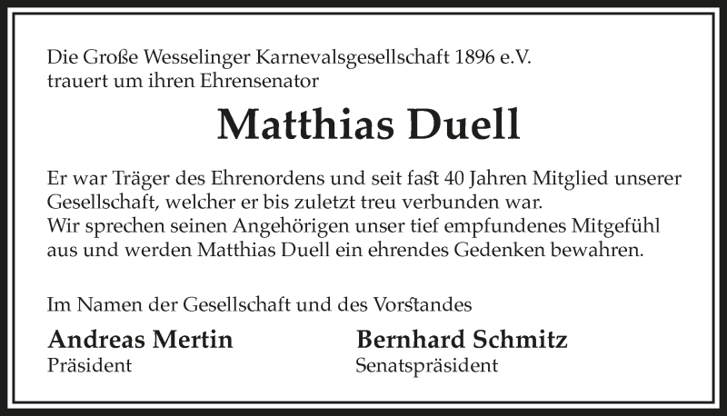  Traueranzeige für Matthias Duell vom 02.07.2021 aus  Schlossbote/Werbekurier 