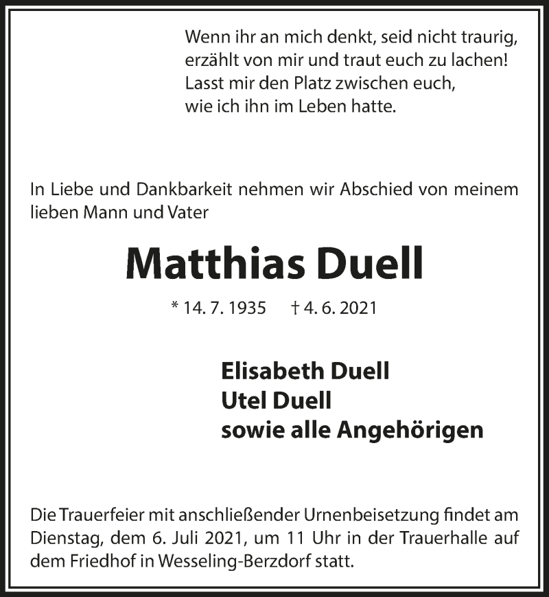  Traueranzeige für Matthias Duell vom 02.07.2021 aus  Schlossbote/Werbekurier 