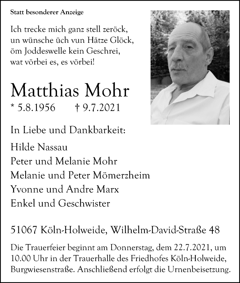  Traueranzeige für Matthias Mohr vom 17.07.2021 aus Kölner Stadt-Anzeiger / Kölnische Rundschau / Express
