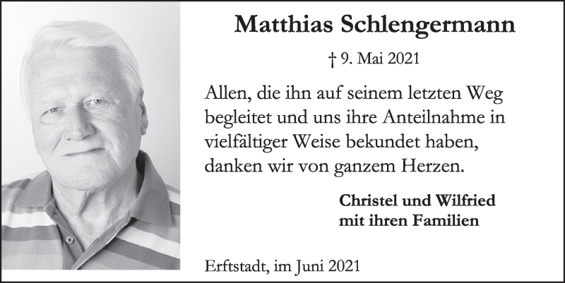  Traueranzeige für Matthias Schlengermann vom 02.07.2021 aus  Werbepost 
