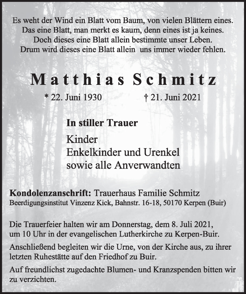  Traueranzeige für Matthias Schmitz vom 02.07.2021 aus  Werbepost 