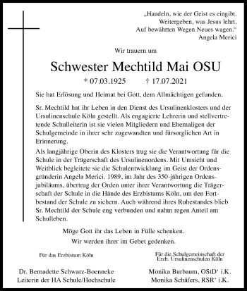 Anzeige von Mechtild Mai von Kölner Stadt-Anzeiger / Kölnische Rundschau / Express